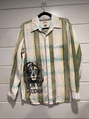 Plaid Button-Down Shirt - Green/White distressed shirt size medium